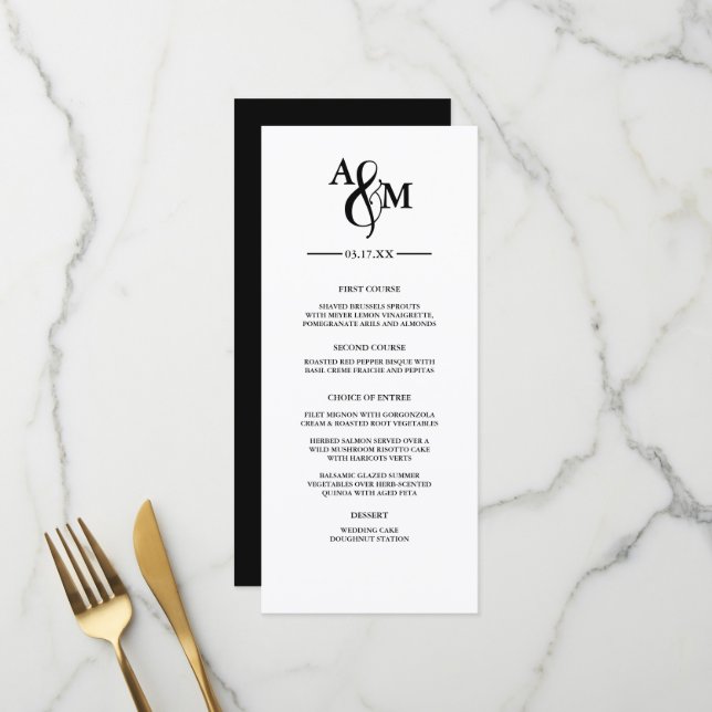 Menú Plano de Boda con Monograma en Blanco y Negro (Anverso/Reverso In Situ)