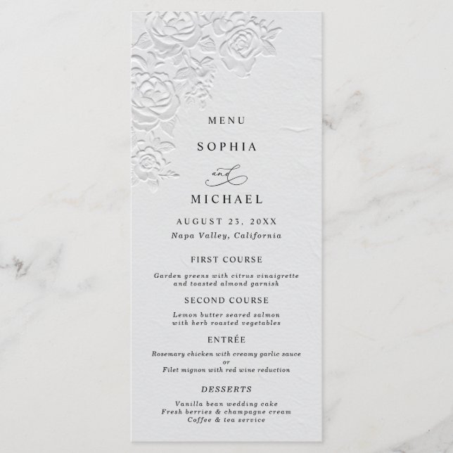 Menú Plano de Boda con Rosas Blancas Falsamente Re (Anverso)