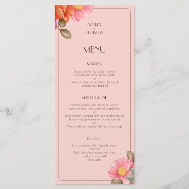 Menú Plano de Boda de Amapola con Acuarela Rosa de (Anverso)