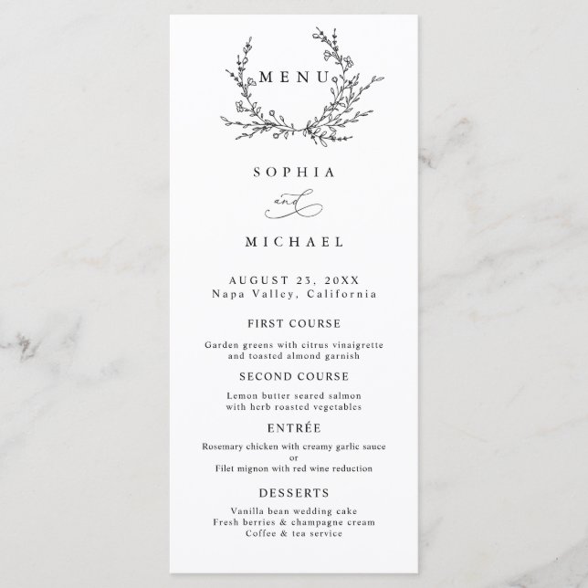Menú Plano de Boda de Arte en Línea Floral Minimal (Anverso)