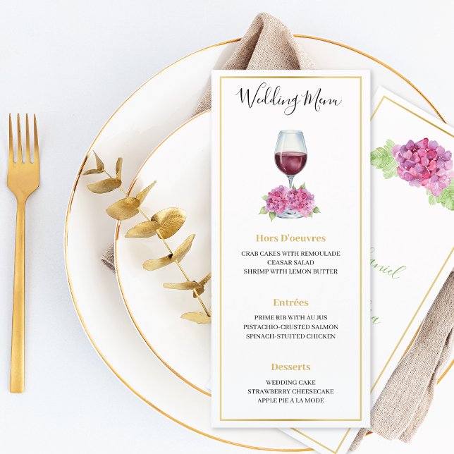 Menú Plano de Boda de Copa de Vino con Hortensias  (Subido por el creador)
