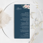 Menú plano de Boda de la Marina Floral de Rubor<br><div class="desc">Este florido y florido boda marino de diseño de menú fijo presenta bonitos antecedentes clásicos de moda, rosa pastel y azul marino, con una sencilla tipografía moderna y una elegante caligrafía que le confieren un toque sofisticado a cualquier tipo de evento. Cada producto está adornado con hermosas rosas rosas rosas...</div>