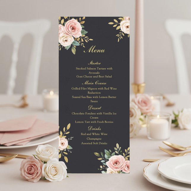Menú Plano de Boda de Rosas Negras y Doradas Elega (Subido por el creador)