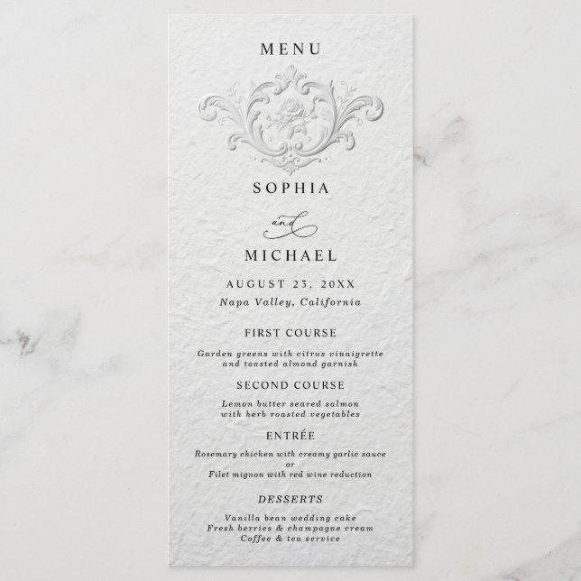 Menú Plano de Boda Floral con Relieve Falso (Anverso)