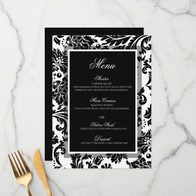 Menú plano de boda personalizado de damasco blanco (Anverso/Reverso In Situ)