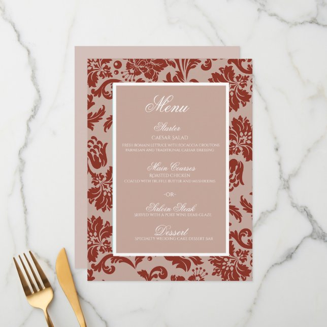 Menú plano de bodas de damasco de óxido de cobre (Anverso/Reverso In Situ)