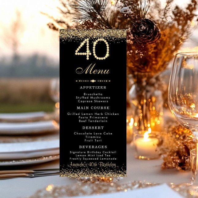 Menú Plano de Cena de Cumpleaños 40 Elegante en Do (Gold 40th birthday party dinne menu card)