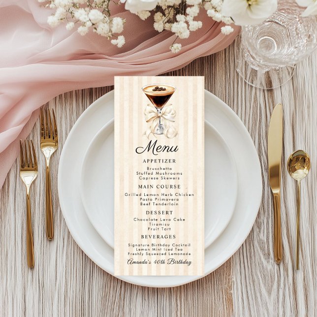 Menú Plano de Cena de Cumpleaños con Martini de Es (Espresso martini Birthday dinner menu card)