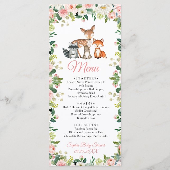 Menú Plano de Fiesta de Bebé con Animales y Floral (Anverso)