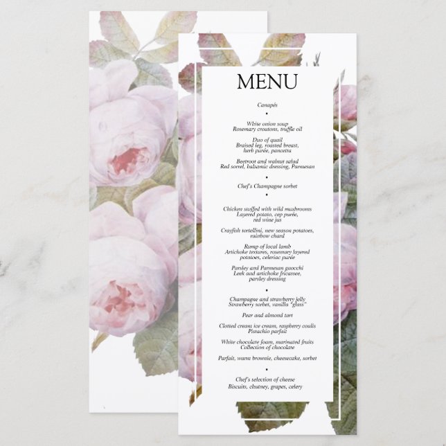 Menú Plano de Recepción de Boda de Rosas Francesas (Anverso / Reverso)