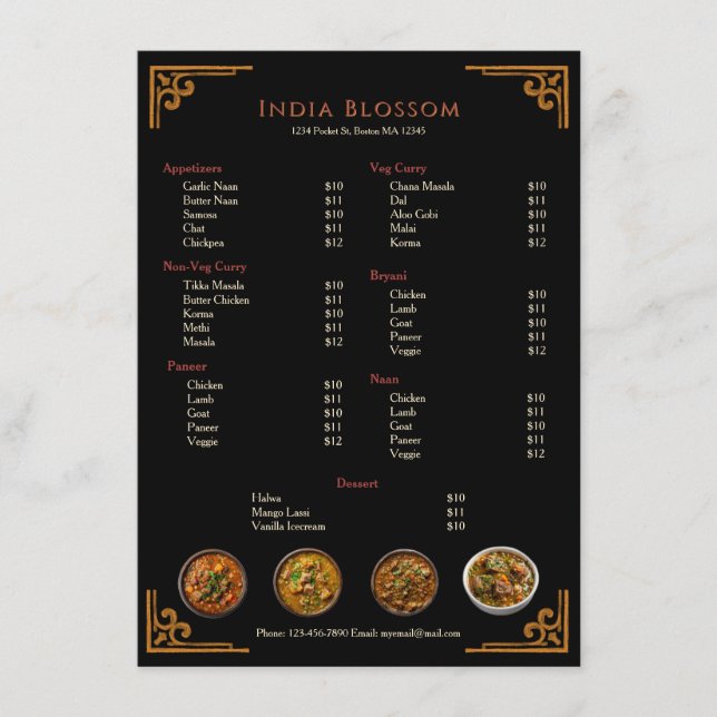 Menú Plano de Restaurante Indio Tradicional Elegan (Anverso)