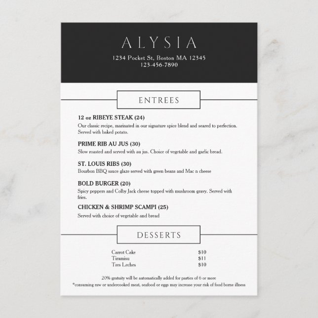 Menú Plano de Restaurante Moderno y Audaz (Anverso)