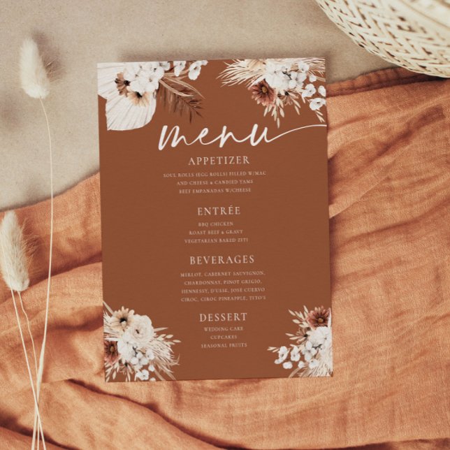 Menú plano de Terracotta Boho Pampas Gras Boda (Subido por el creador)