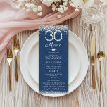 Menú plano Denim & Diamonds 30th Birthday Dinner<br><div class="desc">Añada un toque de brillo a su celebración con nuestro menú plano de cena de cumpleaños 30 Denim & Diamonds. Perfecto para una glamorosa fiesta temática de Denim y Diamonds, esta elegante carta con un fondo denim de moda adornado con purpurina plateado y 30 números de diamantes, el perfecto equilibrio...</div>
