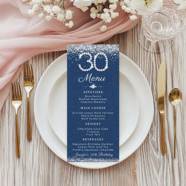 Menú plano Denim & Diamonds 30th Birthday Dinner (Denim and Diamonds 30th Birthday Dinner Menu Card)