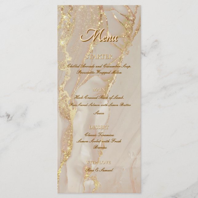 Menú Plano Elegante Rosa Tinta Alcohol Glitter Dor (Anverso)