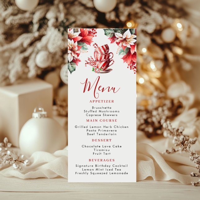 Menú Plano para Fiesta de Té de Nochebuena Poinset (Christmas Poinsettia Tea Cup Menu Card)