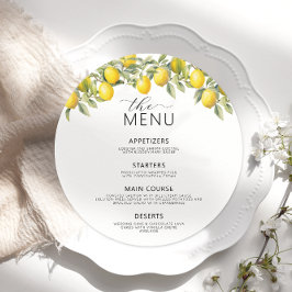 Menú plano redondo Boda de cítricos limón botánico