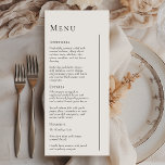 Menú plano simple y moderno con Boda mínimo<br><div class="desc">Este sencillo y minimalista diseño de menú fijo boda es una mezcla atemporal de encanto clásico y simplicidad contemporánea. Con un enfoque minimalista, el diseño se caracteriza por unas líneas depuradas, unos tonos neutros y una sofisticada paleta blanca y negra, lo que garantiza una sencillez refinada en cada detalle. Ya...</div>