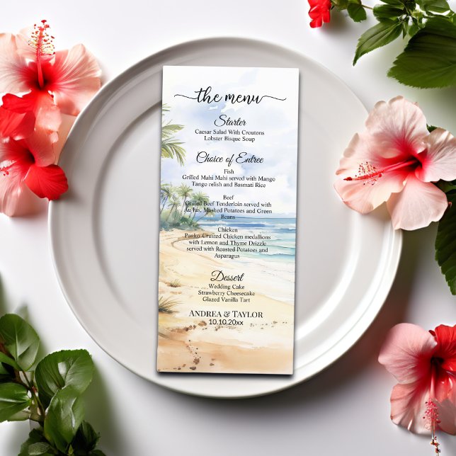 Menú Playa acuarela y palmeras elegante matrimonio (Subido por el creador)