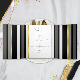 Menú Plegable de Boda con Franja Negra Gris Elegan