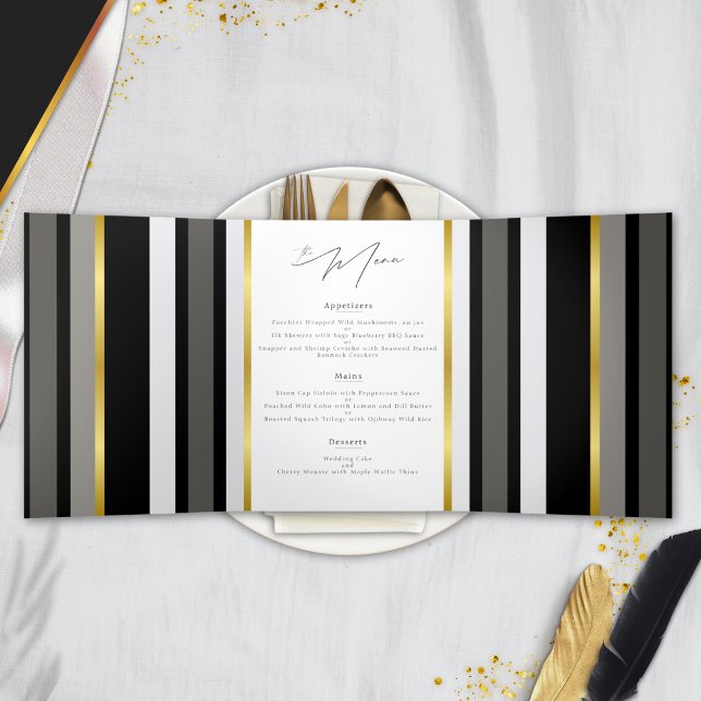 Menú Plegable de Boda con Franja Negra Gris Elegan (Subido por el creador)