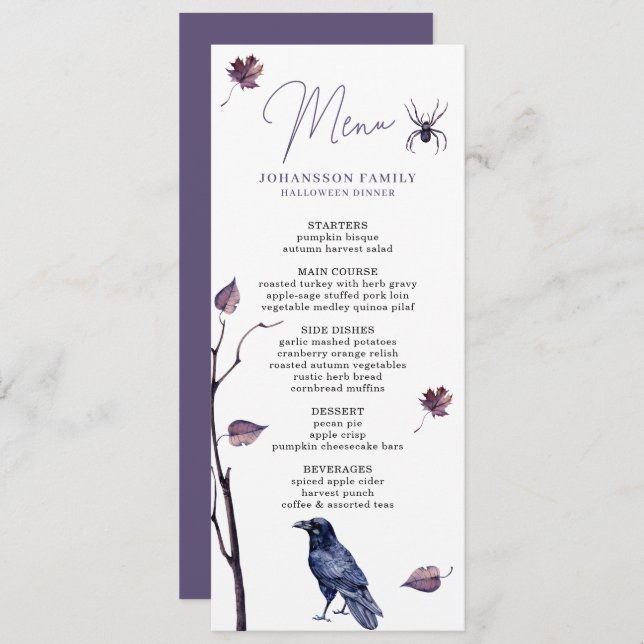 MENÚ PLUM BLACK CROW SPIDER AUTUMN DEJA HALLOWEEN (Anverso / Reverso)