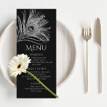 Menú Pluma de Pavo Real Chic Brillo Plata Bat Mitzvah<br><div class="desc">Este diseño presenta una elegante pluma de pavo real con brillo plateado sobre un fondo negro con la información de su menú de Bat Mitzvah debajo. Personalice editando el texto en las casillas de texto. Diseñado para usted por Evco Studio www.zazzle.com/store/evcostudio #mitzvah #batmitzvah #planificadordeeventos #mazeltov #judio #mitzvahswag #fiesta #vidajudia #boda...</div>