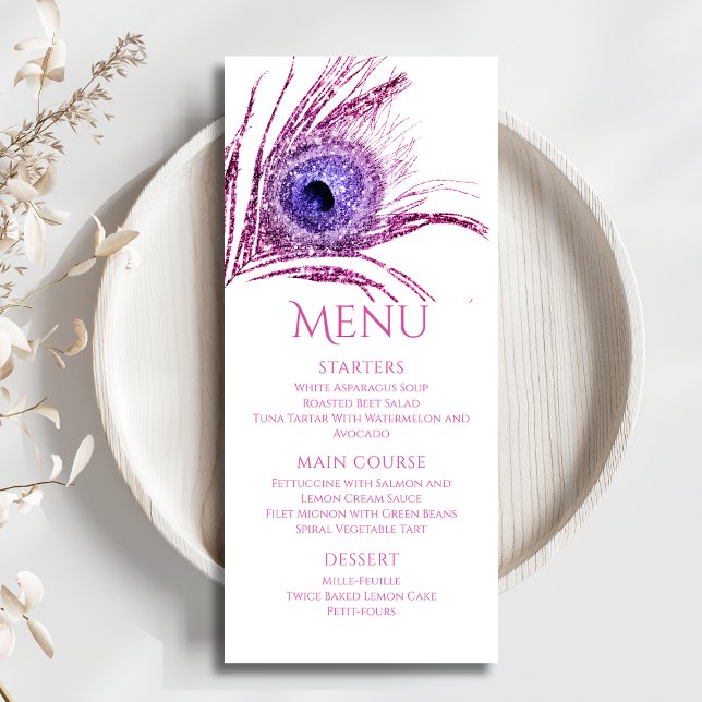 Menú Pluma de Pavo Real Chic Brillo Rosa Bat Mitzvah (Subido por el creador)