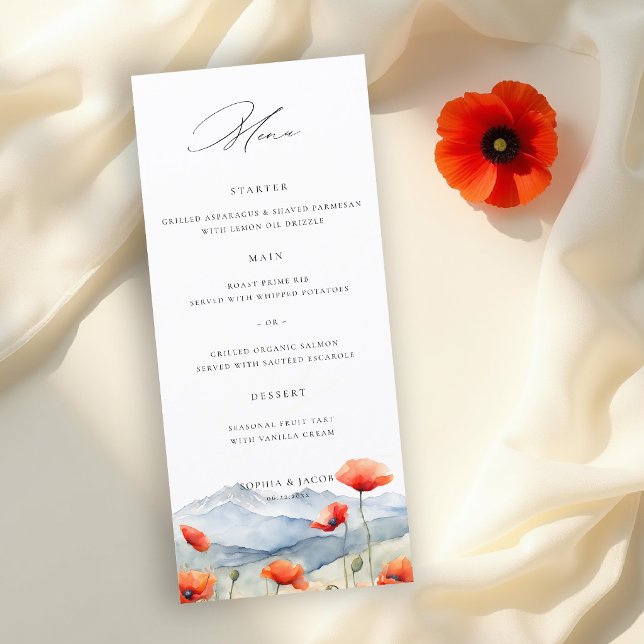 Menú Praderas de Montaña Amapolas de Verano Boda Románt (wildflower wedding menu card mountain outdoors rustic red poppies meadow watercolor elegant)
