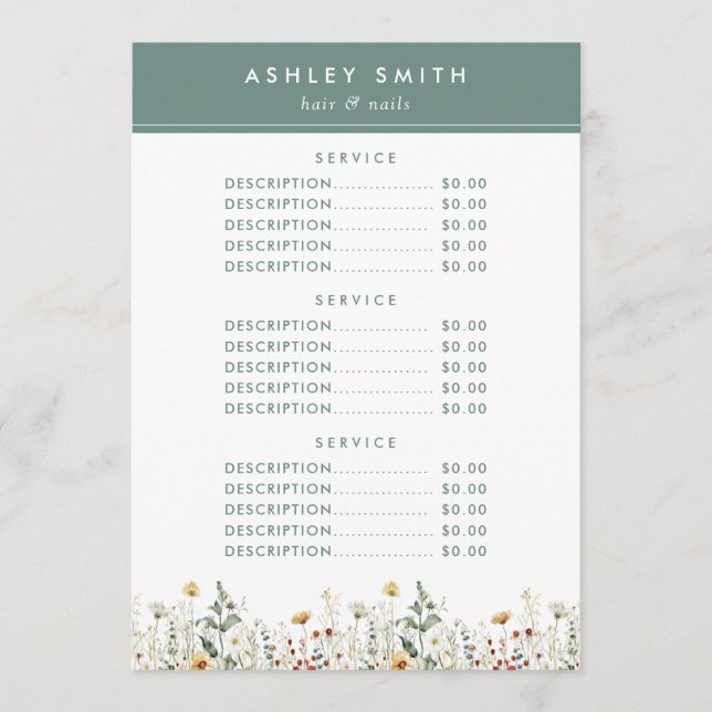 Menú Precio de campo de flores silvestres de verano (Anverso)