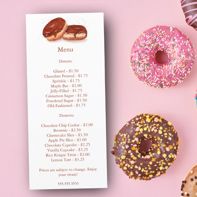 Menú Precio de donuts con vidrio de chocolate acuarela (Enhance Your Bakery's Charm: Display Our Watercolor Chocolate Glazed Donuts Price Menu.)