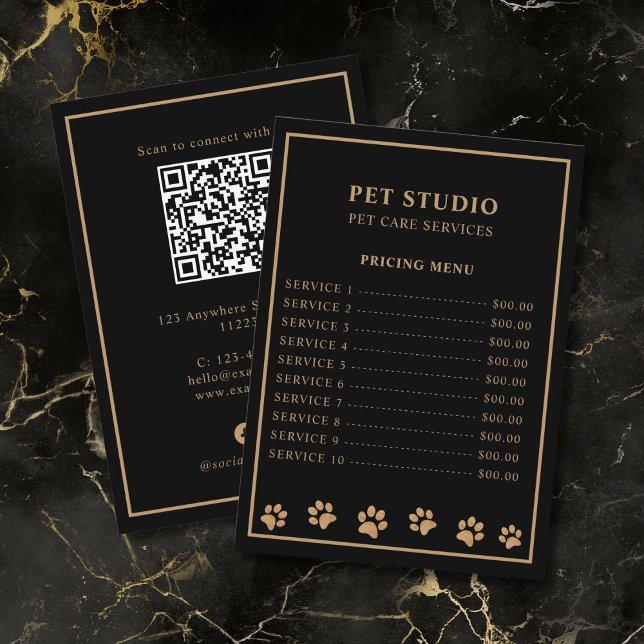 Menú Precios de cuidado de mascotas con garra dorada ne (premium looking black gold modern luxury personalized pet care pricing menu card)