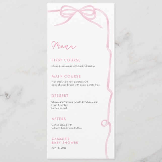 Menú Pretty Pink Bow Baby Girl Shower Party (Anverso)