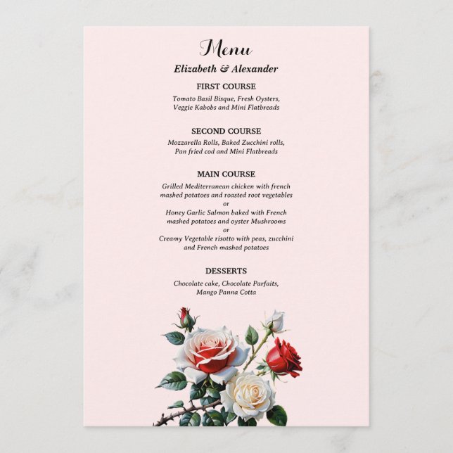 Menú Pretty pink white red roses floral wedding  (Anverso)