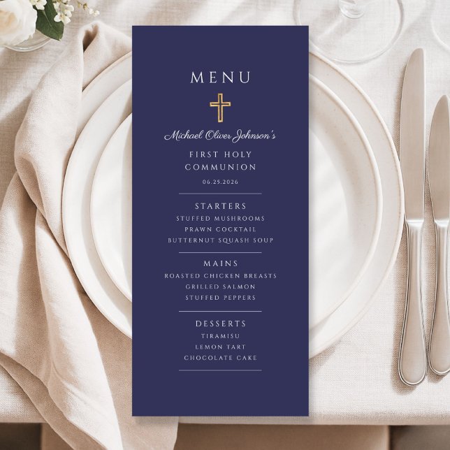 Menú Primera Comunión de Niño en Azul Marítimo Elegante (Elegant Navy Blue Boy First Communion Menu)