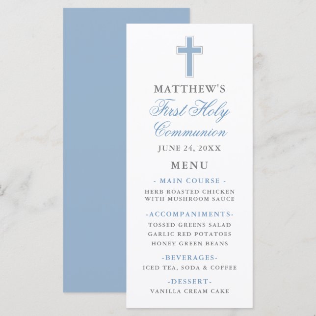 Menú Primera luz azul y plateada de la comunión sagrada (Anverso / Reverso)