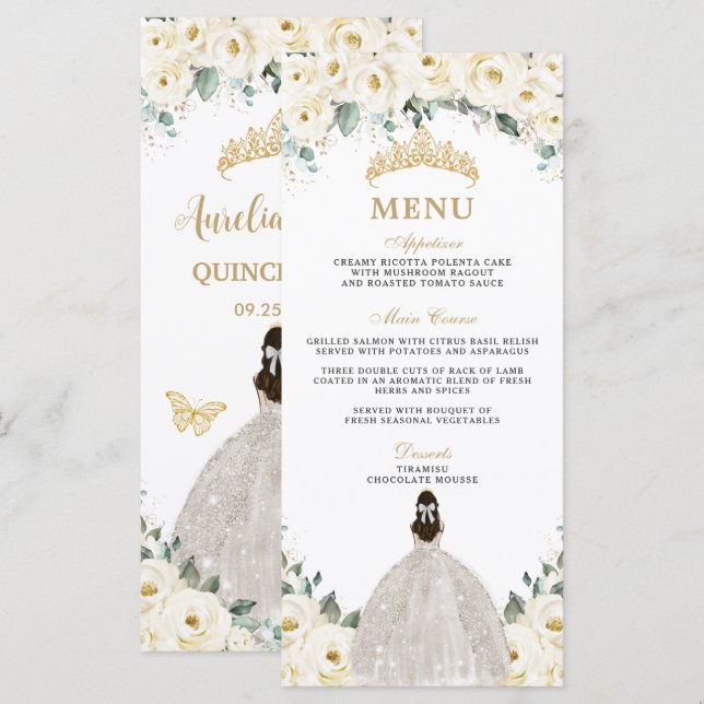Menú Princesa Floral Rosa Marfil Blanco Quinceañer (Anverso / Reverso)
