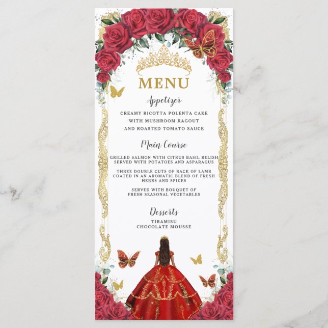 Menú Princesa Marrón Quinceañera Floral Roses Rojo (Anverso)