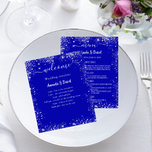 Menú Programa de Bodas purpurina de plata azul rea