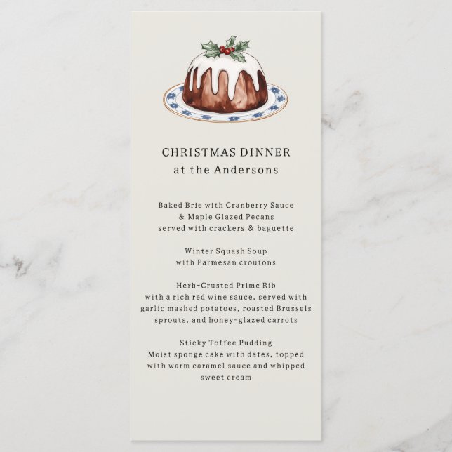 Menú Pudín de Navidad en acuarela Cena festiva (Anverso)