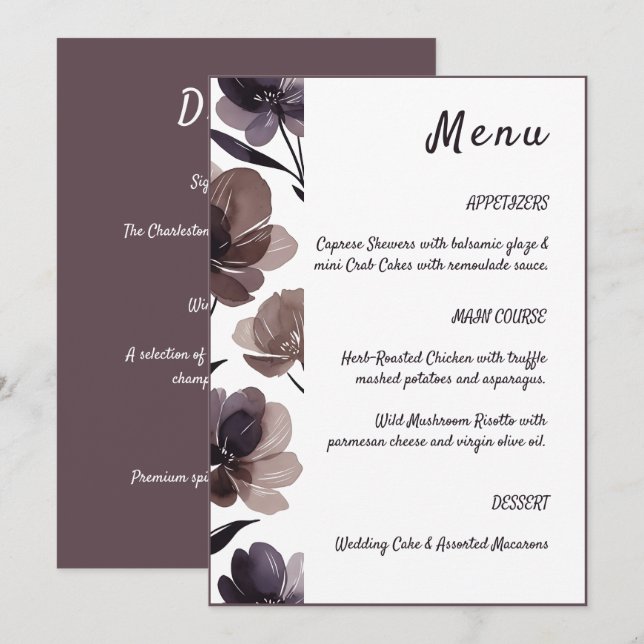 Menú Purple Floral Botanical Wedding (Anverso / Reverso)