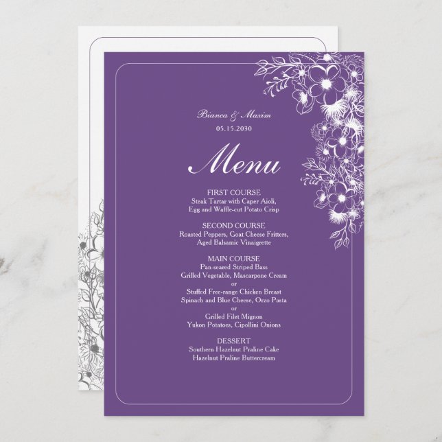 Menú Purple Floral Elegant Wedding (Anverso / Reverso)