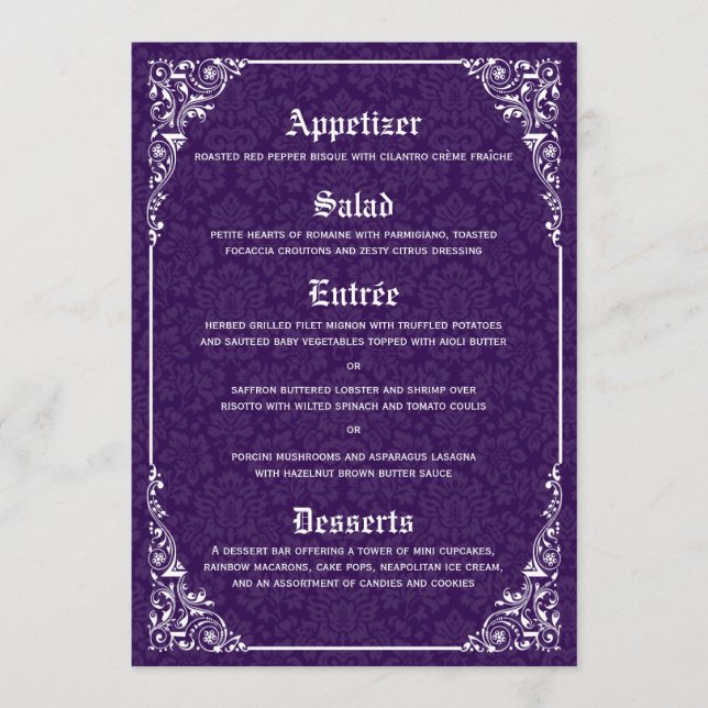 Menú Purple Gothic Victorian Damask Wedding (Anverso)