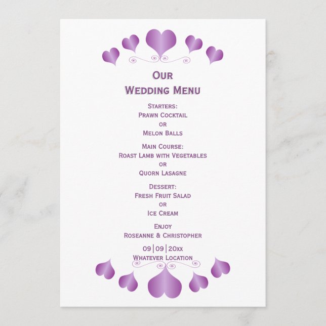 Menú Purple Hearts Design Wedding (Anverso)