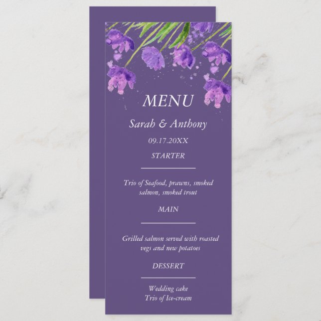 Menú Purple Simple Boda floral Minimalista (Anverso / Reverso)