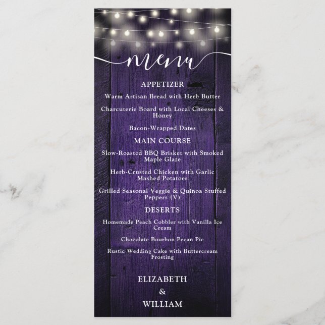 Menú Púrpura Cadena Rusa Ilumina Boda de Madera de Barn (Anverso)