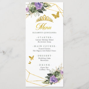 Menú Púrpura Verde Dorado Princesa Quinceañera