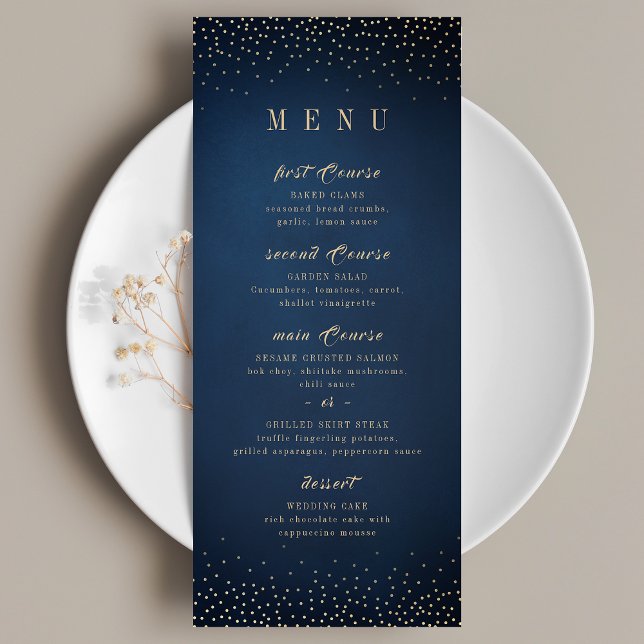 Menú Purpurina de Marina y Oro Sofisticado boda en mono (Navy & Gold Glitter Sophisticated monogram wedding Menu)