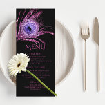 Menú Purpurina de Moda de plumas de pavo real Bat rosa<br><div class="desc">Este diseño presenta una elegante pluma de pavo real purpurina rosa sobre un fondo negro con la información del menú Bat Mitzvah debajo. Personalice editando el texto en los cuadros de texto. Diseñado para ti por Evco Studio www.zazzle.com/store/evcostudio #mitzvah #batmitzvah #eventplanner #mazeltov #jewish #mitzvahswag #fiesta #jewishlife #boda #kosher #mitzvahlife #corporateevents...</div>